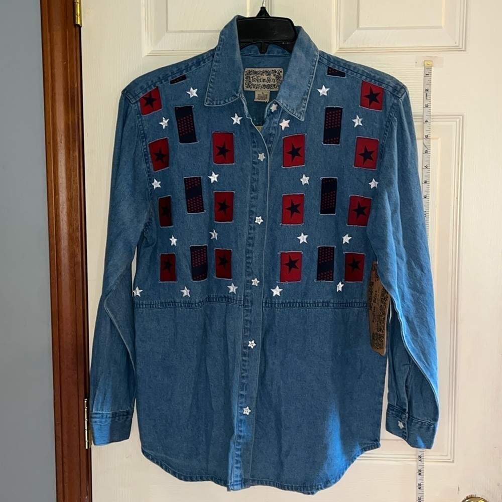 VTG-NWT-0ld stock-tantrum blues-S-patriotic denim,ribbon,woven,long sleeve shirt